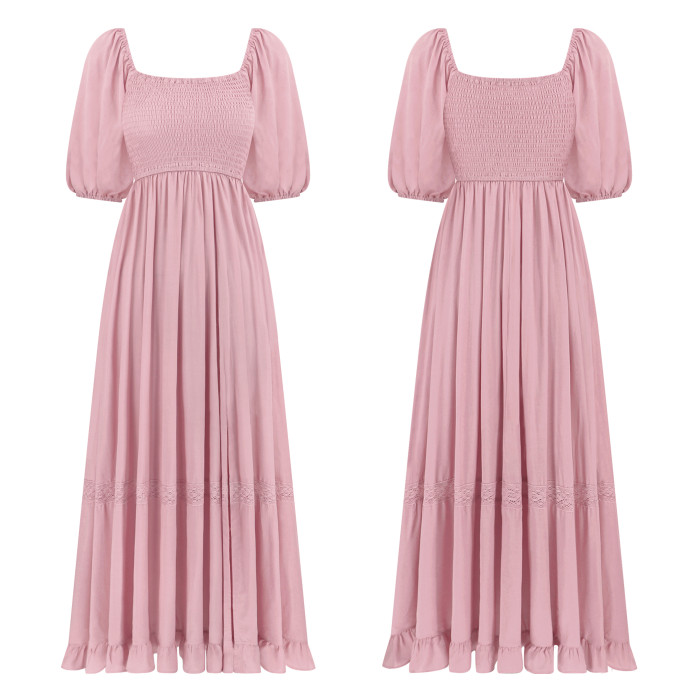 R.Vivimos Summer Boho Maxi Dresses for Women 2026 Puff Sleeve Square Neck Smocked Casual Slit Flowy Long Dress with Pockets