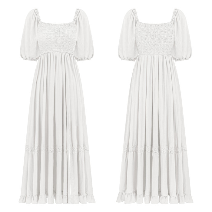 R.Vivimos Summer Boho Maxi Dresses for Women 2026 Puff Sleeve Square Neck Smocked Casual Slit Flowy Long Dress with Pockets