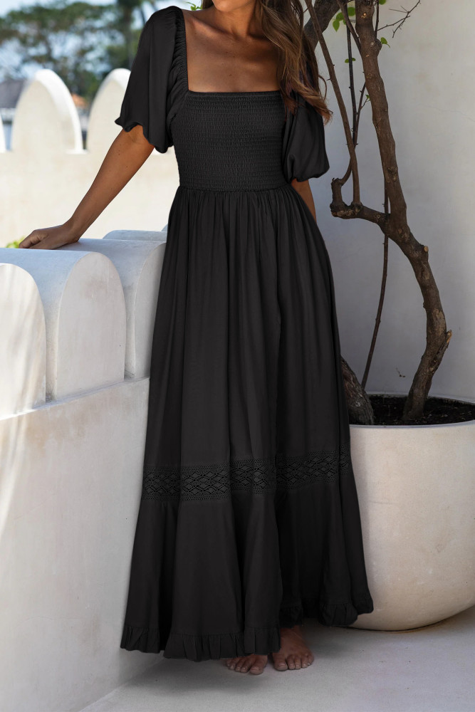 R.Vivimos Summer Boho Maxi Dresses for Women 2026 Puff Sleeve Square Neck Smocked Casual Slit Flowy Long Dress with Pockets