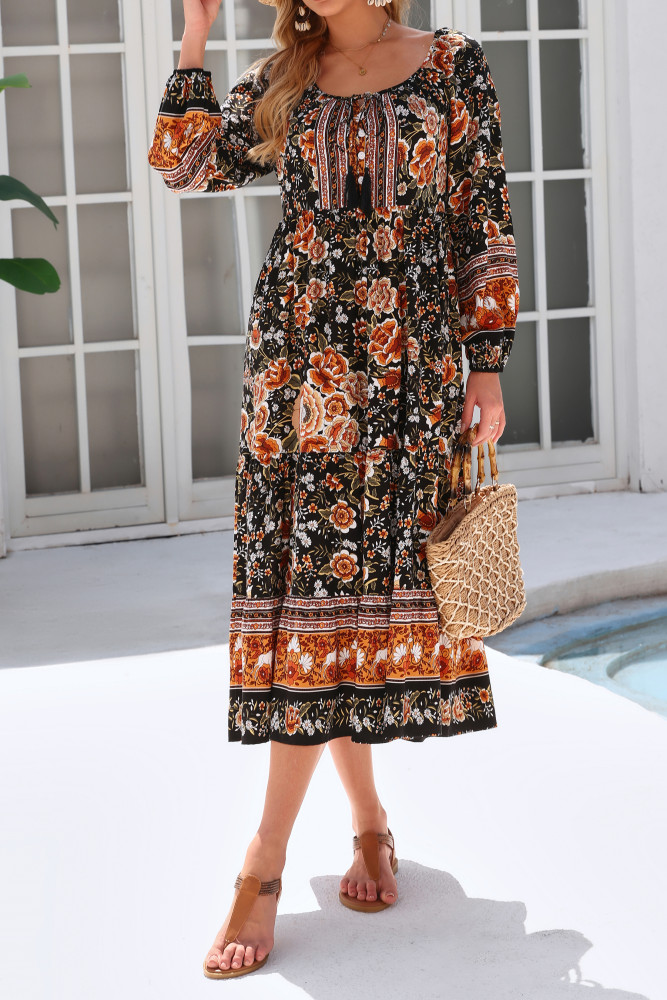 R.Vivimos Boho Maxi Dresses for Women 2025 Floral Print Long Sleeve Casual Button Up Loose Flowy Beach Long Dresses