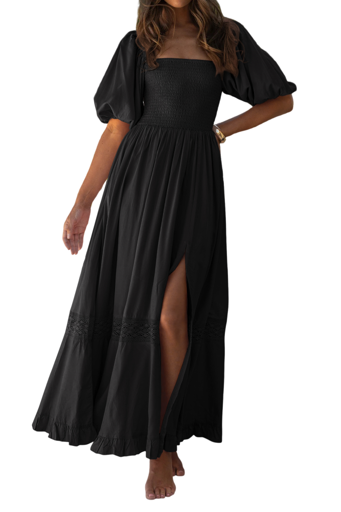 R.Vivimos Summer Boho Maxi Dresses for Women 2026 Puff Sleeve Square Neck Smocked Casual Slit Flowy Long Dress with Pockets