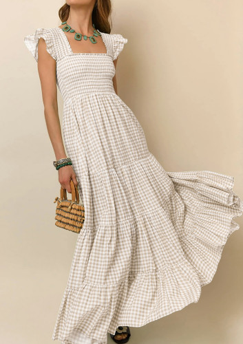 R.Vivimos 2026 Summer Cotton Plaid Maxi Dresses for Women Flutter Sleeve Square Neck Smocked Ruffle Flowy Tiered Casual Dress