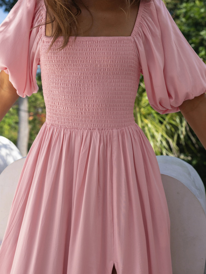 R.Vivimos Summer Boho Maxi Dresses for Women 2026 Puff Sleeve Square Neck Smocked Casual Slit Flowy Long Dress with Pockets