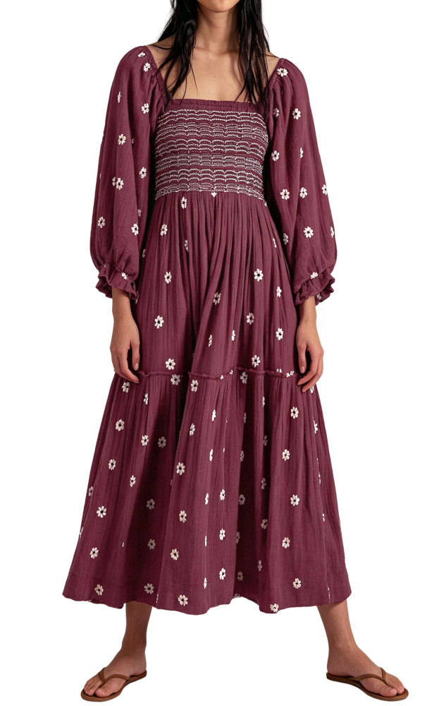 R.Vivimos Women's Long Sleeve Cotton Boho Midi Dress Vintage Square Neck Floral Embroidered Tiered Ruffle Flowy Pockets Dress