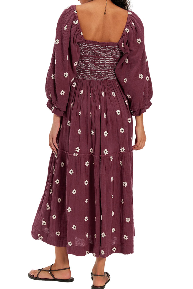 R.Vivimos Women's Long Sleeve Cotton Boho Midi Dress Vintage Square Neck Floral Embroidered Tiered Ruffle Flowy Pockets Dress