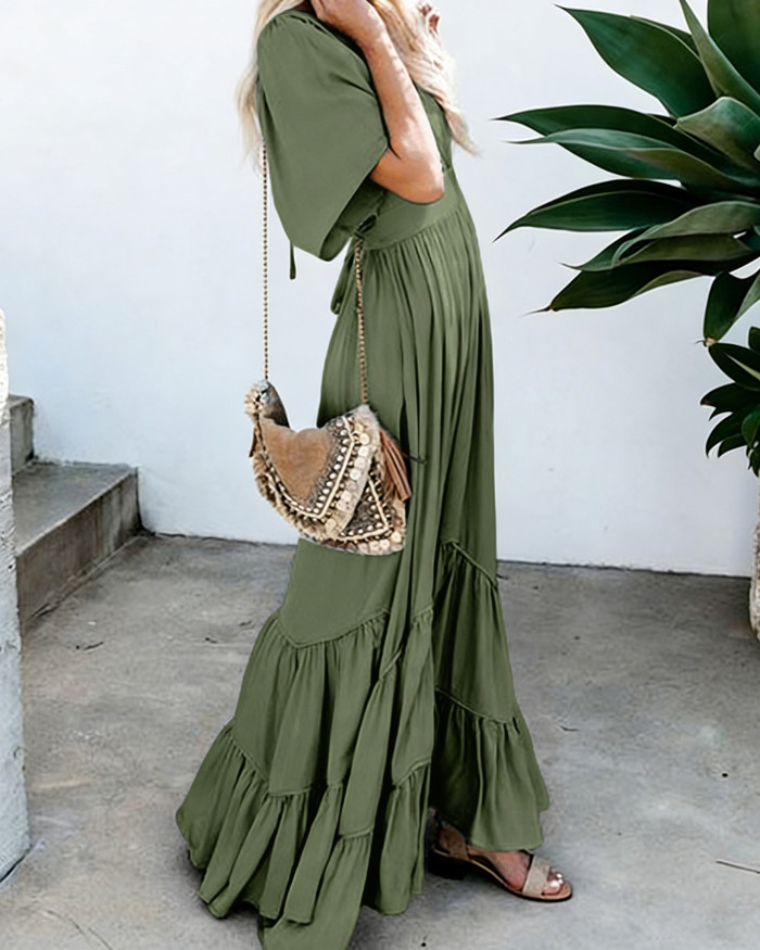 R.Vivimos Summer Flowy Maxi Dresses for Women 2026 V Neck Short Sleeve Tie Back Boho Casual Tiered Ruffle Long Dress