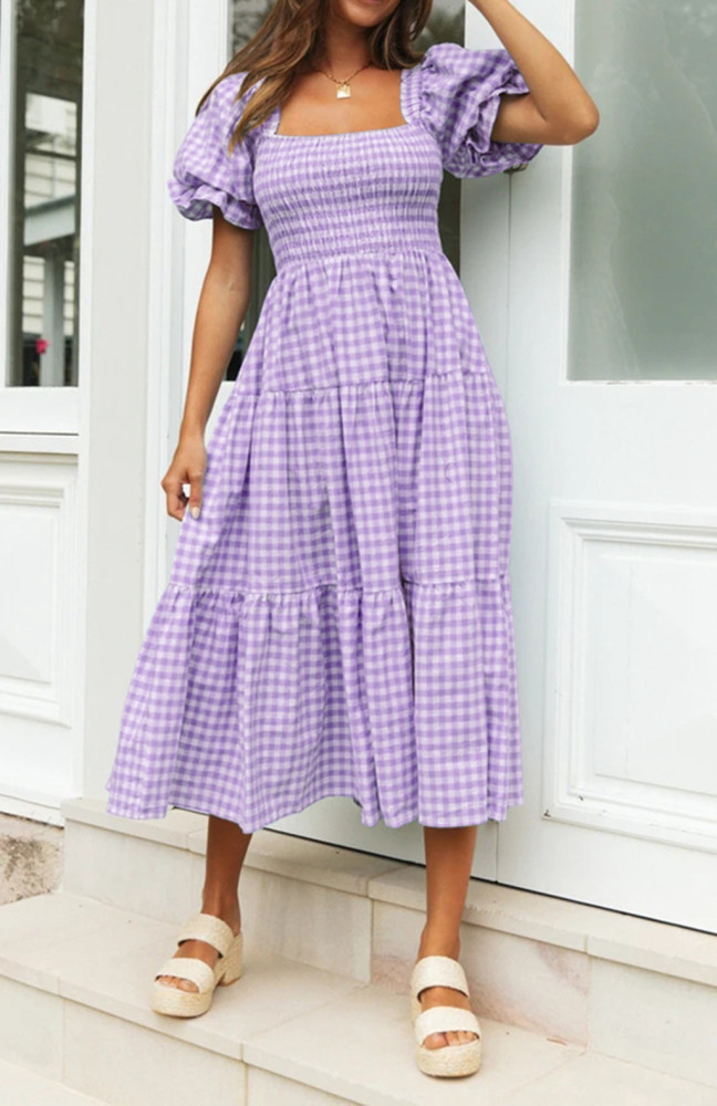 R.Vivimos Summer Boho Plaid Midi Dresses for Women 2025 Puff Sleeve Square Neck Casual Smocked Ruffle Tiered Flowy Dresses