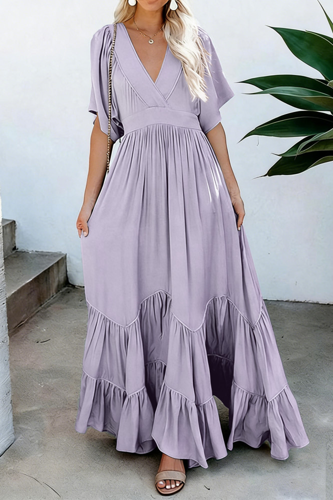 R.Vivimos Summer Flowy Maxi Dresses for Women 2026 V Neck Short Sleeve Tie Back Boho Casual Tiered Ruffle Long Dress