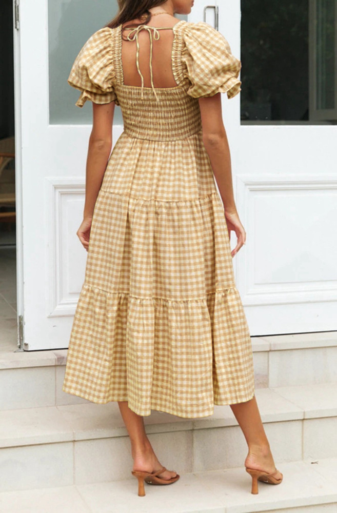 R.Vivimos Summer Boho Plaid Midi Dresses for Women 2025 Puff Sleeve Square Neck Casual Smocked Ruffle Tiered Flowy Dresses