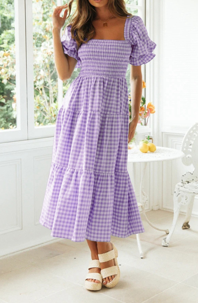 R.Vivimos Summer Boho Plaid Midi Dresses for Women 2025 Puff Sleeve Square Neck Casual Smocked Ruffle Tiered Flowy Dresses