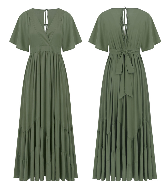 R.Vivimos Summer Flowy Maxi Dresses for Women 2026 V Neck Short Sleeve Tie Back Boho Casual Tiered Ruffle Long Dress