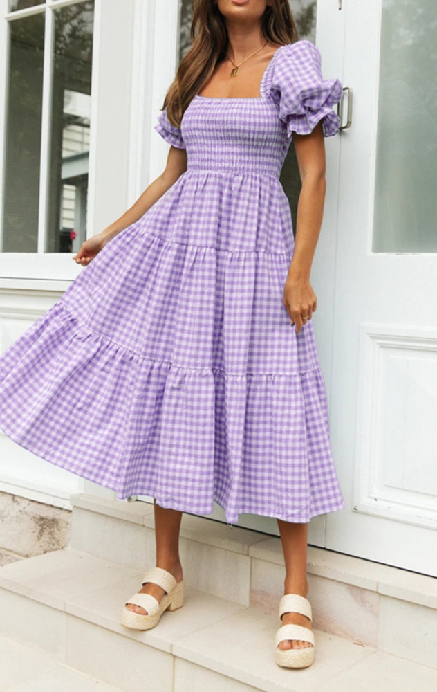R.Vivimos Summer Boho Plaid Midi Dresses for Women 2025 Puff Sleeve Square Neck Casual Smocked Ruffle Tiered Flowy Dresses
