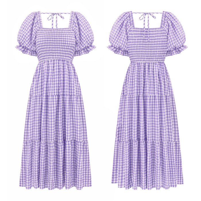 R.Vivimos Summer Boho Plaid Midi Dresses for Women 2025 Puff Sleeve Square Neck Casual Smocked Ruffle Tiered Flowy Dresses