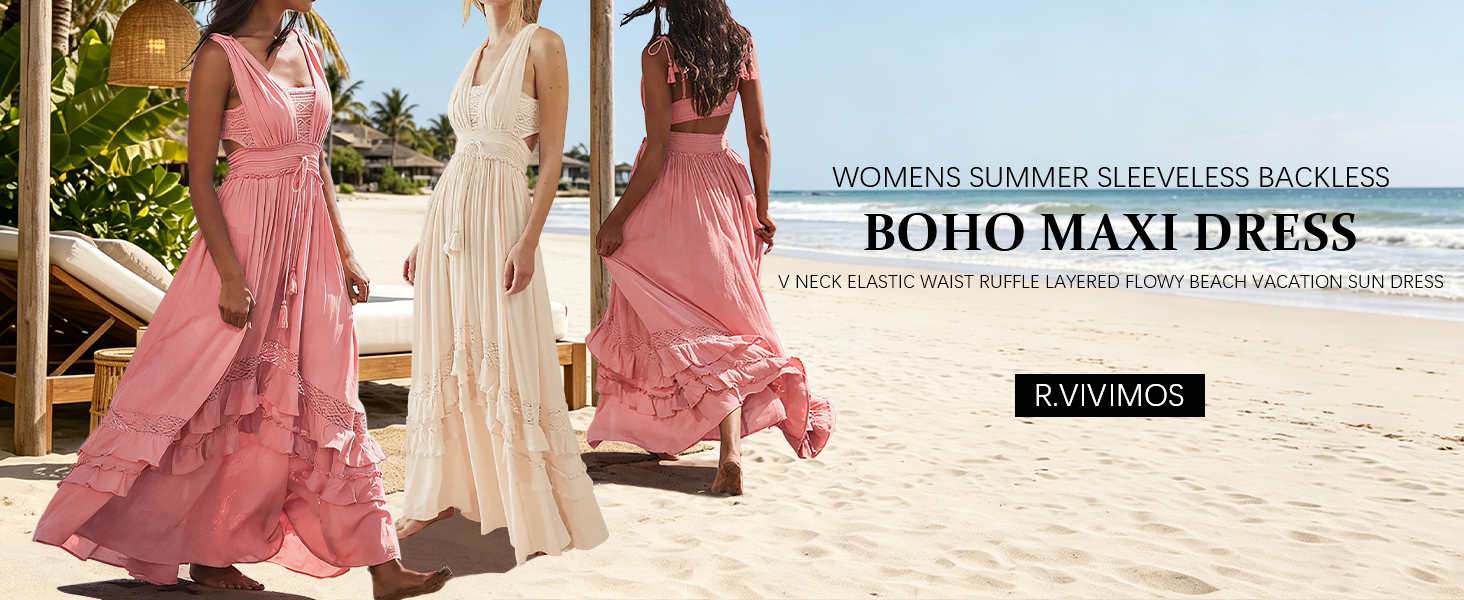 R.Vivimos Womens Summer Boho Maxi Dress 2026 Sleeveless Elastic Waist Layered Backless Beach Flowy Long Dress