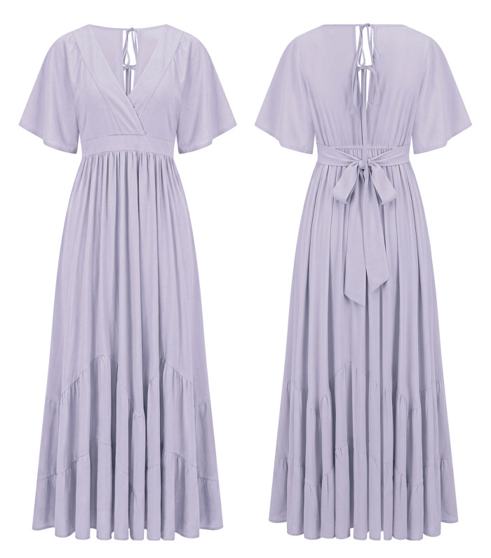 R.Vivimos Summer Flowy Maxi Dresses for Women 2026 V Neck Short Sleeve Tie Back Boho Casual Tiered Ruffle Long Dress