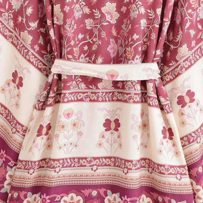 R.Vivimos Beach Cover Ups for Women Vintage Kimono Cardigan Long Sleeve Boho Floral Print Swimsuit Wrap Mini Dress with Belt