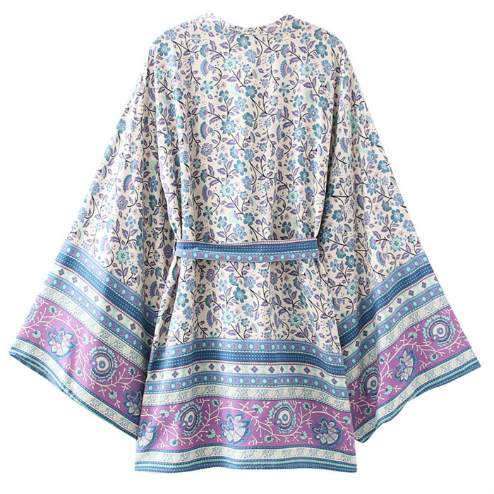 R.Vivimos Beach Cover Ups for Women Vintage Kimono Cardigan Long Sleeve Boho Floral Print Swimsuit Wrap Mini Dress with Belt