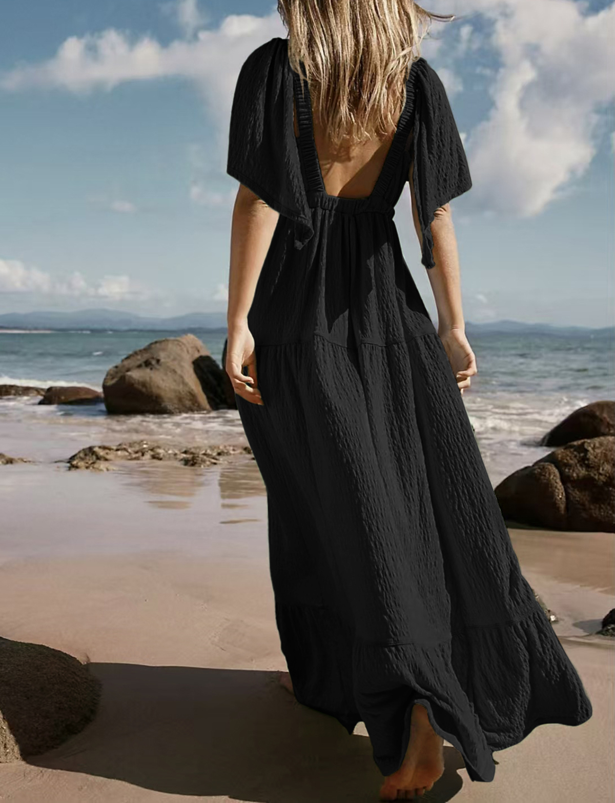 R.Vivimos Women's Summer Boho V Neck Short Sleeve Backless Loose Maxi Dress