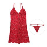 Wine Red V-Neck Lace Slender Strap Perspective Lingerie Dress For Female