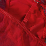 Rushlover Red Lace V-Design Stitching Mesh Adjustable Strap Patchwork Teddy