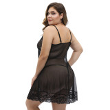 Black Plus Size Sheer Lace Embroidery Cross Straps Babydoll