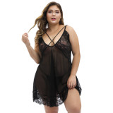Rushlover Black Plus Size Sheer Lace Embroidery Cross Straps Babydoll