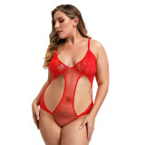 Red Cut Out Lace Mesh V Neck Plus Size Teddy  