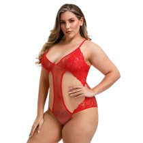 Rushlover Red Cut Out Lace Mesh V Neck Plus Size Teddy