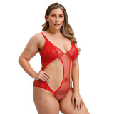 Red Cut Out Lace Mesh V Neck Plus Size Teddy  