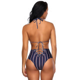 Plain Halter Lace Up Bikini Stripes Backless High Waist