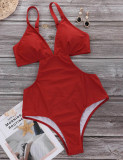 Dark Red Adjustable Straps V Collar Thin Slim Swimwear