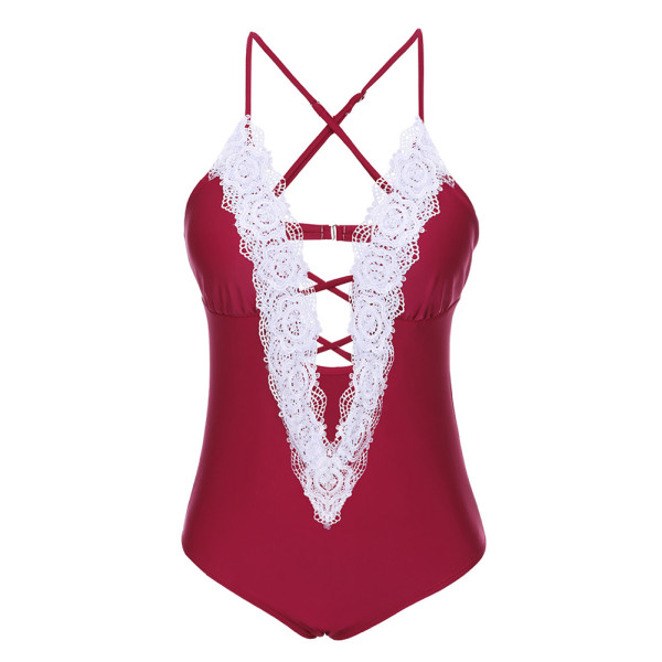 US$ 7.84 - Red Cut Out Plunge Neck Lace Swimsuit For Sexy ...