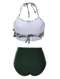 Green Two Pieces Halter Collar Swimsuit Back Bowknot Swimwear