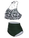 Green Two Pieces Halter Collar Swimsuit Back Bowknot Swimwear