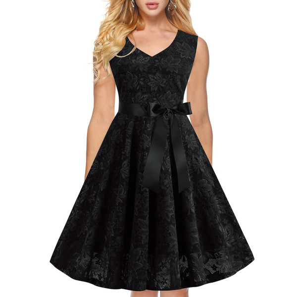 Sleeveless Black Lace Pleated Hem Skater Dress 