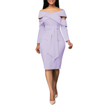 Light Purple Back Zip Waist Tie Big Size Midi Dress 