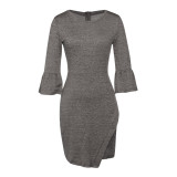 Grey Plain Mini Dress Flare Sleeves For Sexy Women