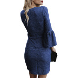 Blue 3/4 Bell Sleeve Asymmetric Hem Mini Dress Breathable
