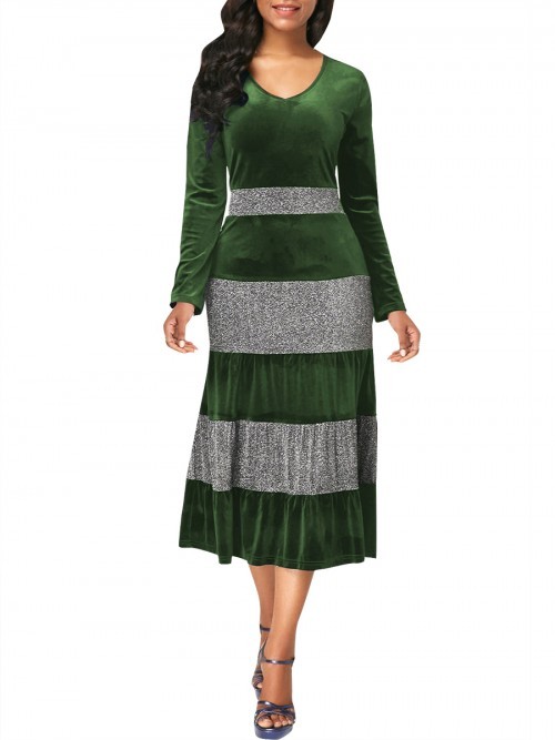 Green Colorblock Ruffle Big Size Midi Dress