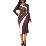 Brown Patchwork Big Size Full Sleeve Midi Dress