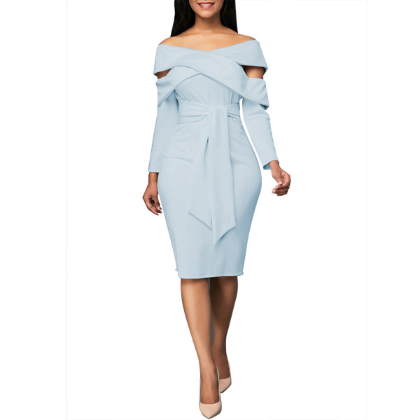 Light Blue Off-Shoulder Zip Queen Size Midi Dress 