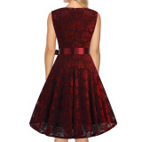 Wine Red Floral Lace V Neck Noticeable Bow Tie  Zip Skater Dress 