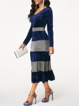 Blue Large Size Long-Sleeved Midi Dress 