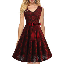 Wine Red Floral Lace V Neck Noticeable Bow Tie  Zip Skater Dress 