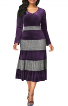 Purple V-Neck Patchwork Midi Dress Queen Size Classic Dress