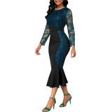 Blue Lace Zipper Plus Size Fishtail Dress