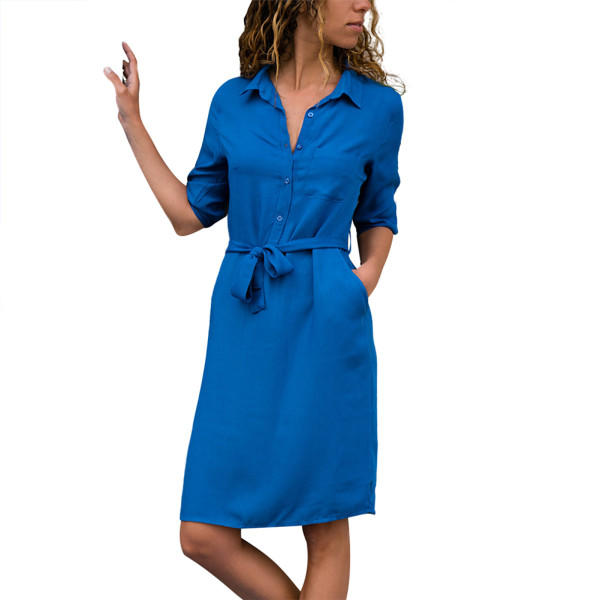 Blue Button Front Pocket Tie Midi Dress