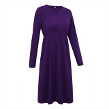 Dark Purple Pocket Long Sleeve Knit Causal  Midi Dress