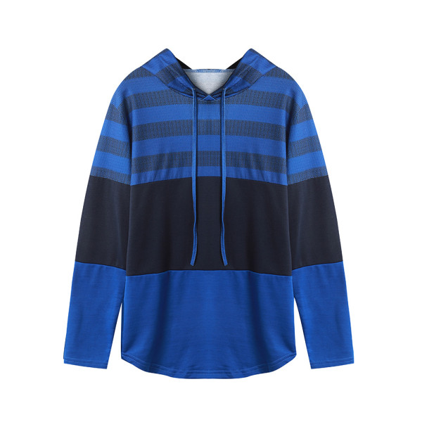 Dark Blue Drawstring Hoodie Stripe Print Patchwork Sweatshirt