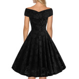 Black Floral Lace Open Shoulder Zip Skater Dress